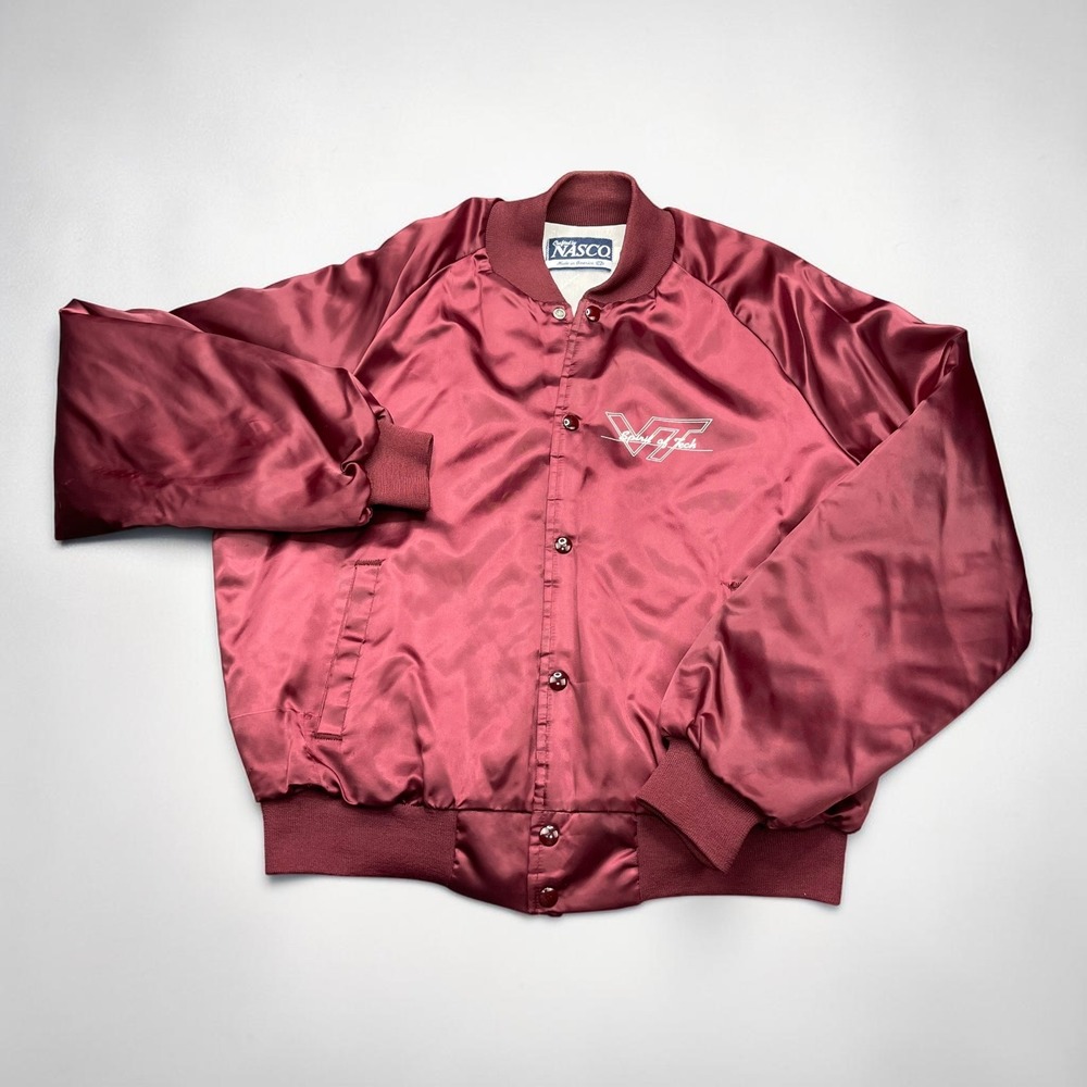 Vintage USA 80s Nasco Virginia Tech Marching Satin Bomber Jacket Maroon LARGE